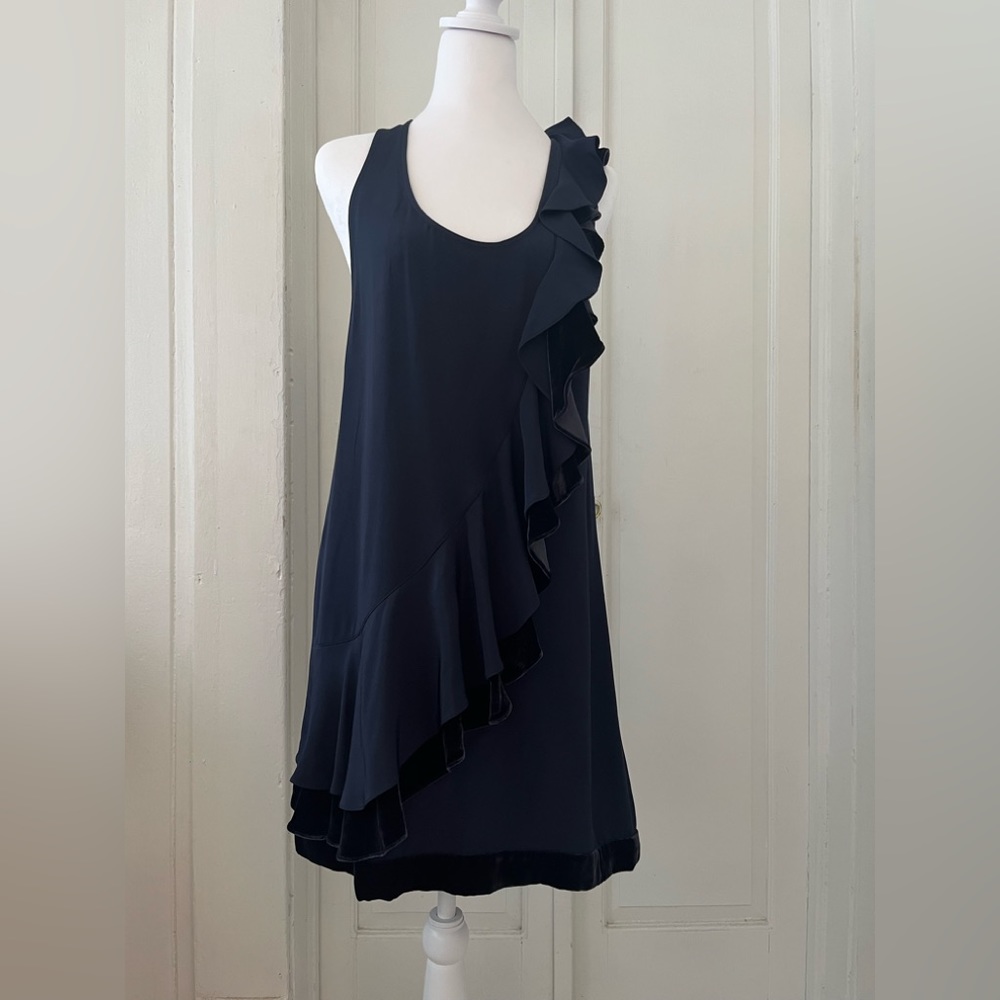 Ali Ro Asymmetric Double Ruffle Racer Back Sleeveless Shift in Navy Blue